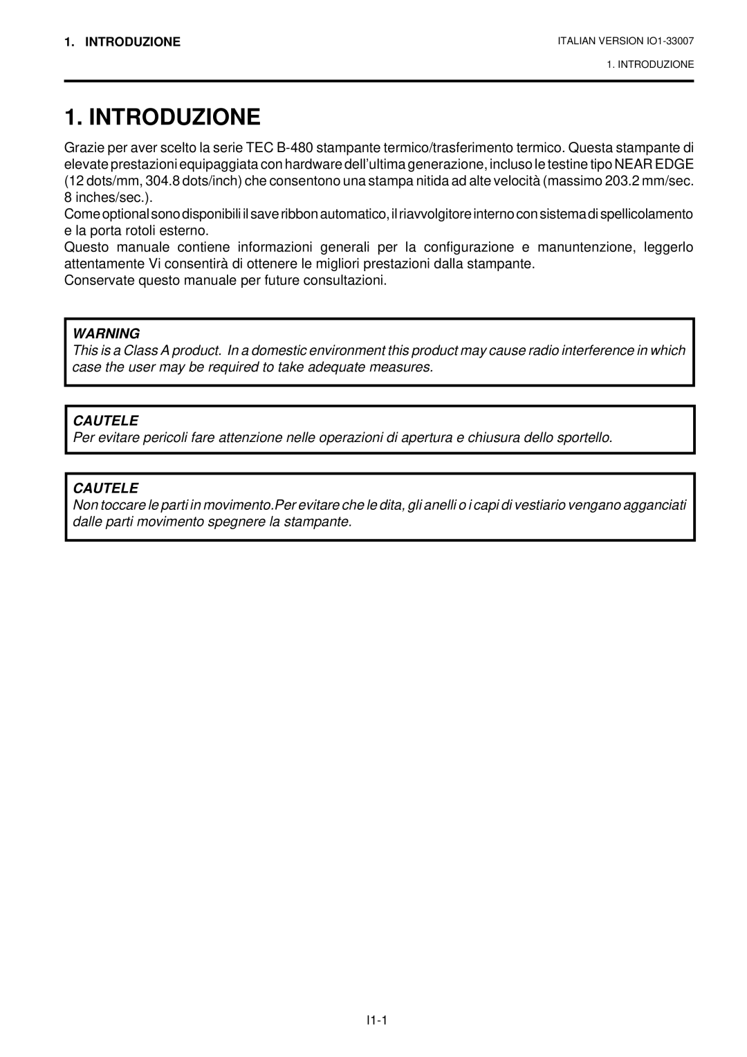 Toshiba B-480-QP owner manual Introduzione, Cautele 