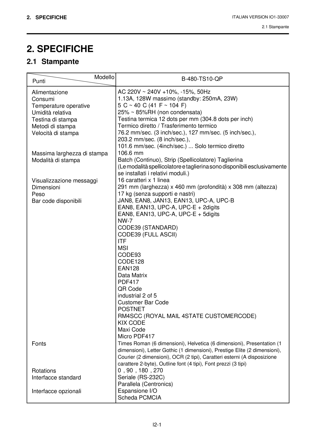 Toshiba B-480-QP owner manual Specifiche, Stampante 