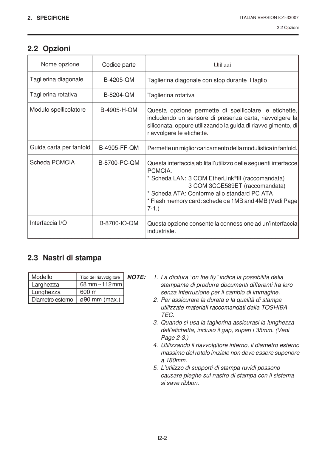 Toshiba B-480-QP owner manual Opzioni, Nastri di stampa, Pcmcia 