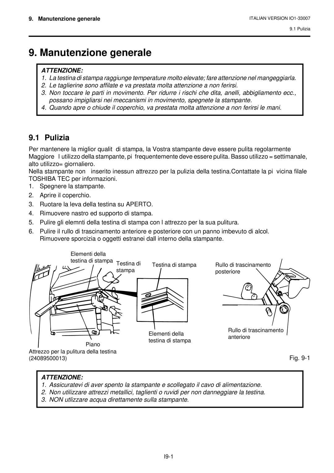 Toshiba B-480-QP owner manual Manutenzione generale, Pulizia 