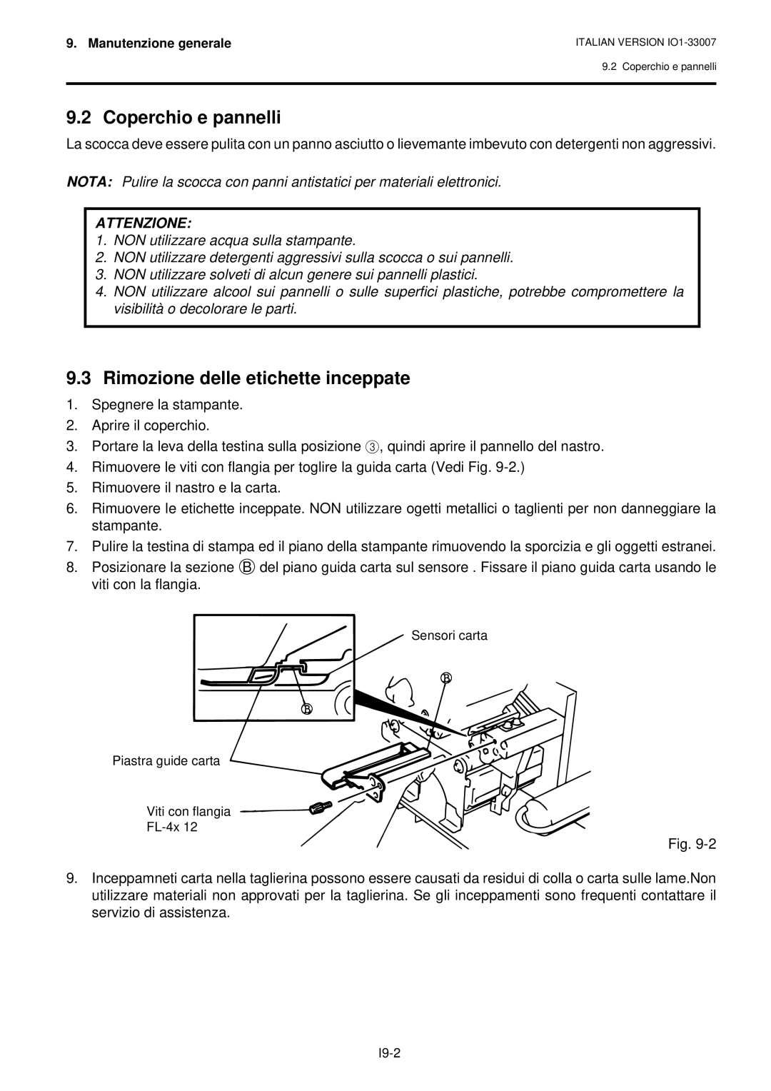 Toshiba B-480-QP owner manual Coperchio e pannelli, Rimozione delle etichette inceppate 