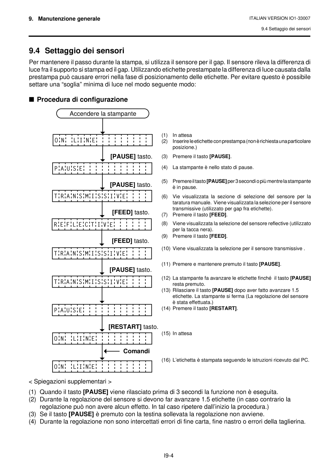 Toshiba B-480-QP owner manual Settaggio dei sensori, Procedura di configurazione 