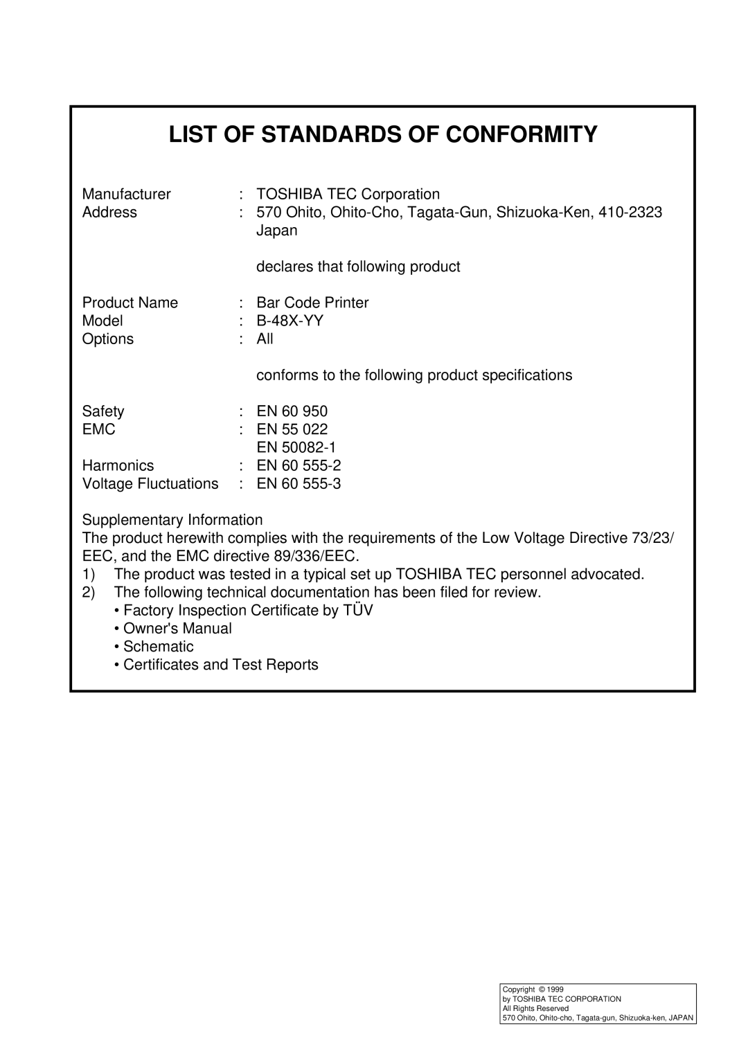 Toshiba B-480-QP owner manual List of Standards of Conformity, Emc 