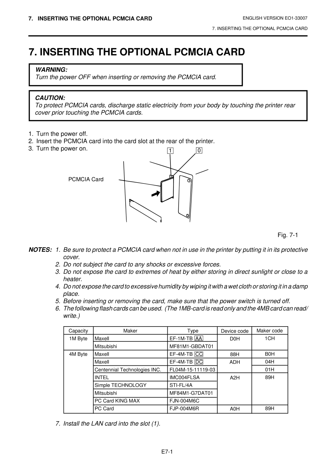 Toshiba B-480-QP owner manual Inserting the Optional Pcmcia Card, Install the LAN card into the slot 