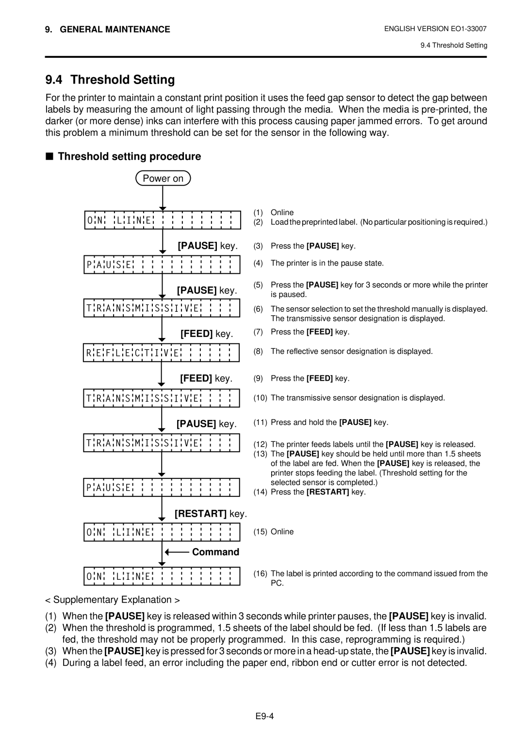 Toshiba B-480-QP owner manual Threshold Setting, Threshold setting procedure, Pause key, Command 