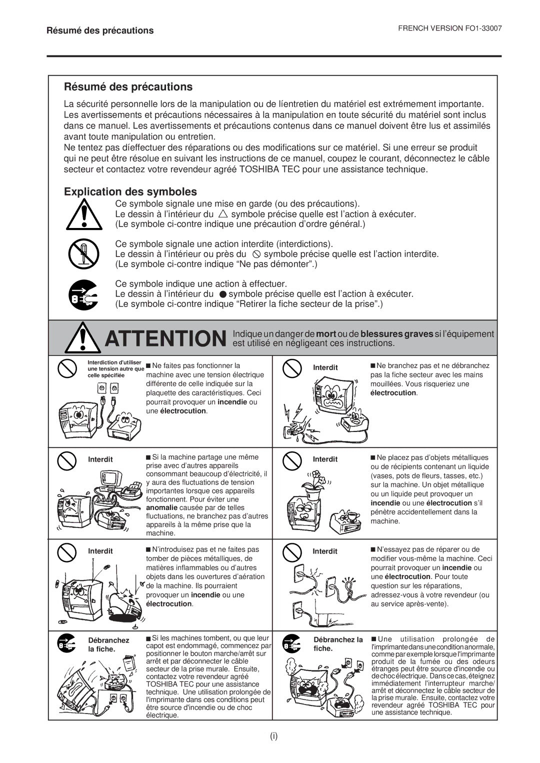 Toshiba B-480-QP owner manual Résumé des précautions, Explication des symboles 