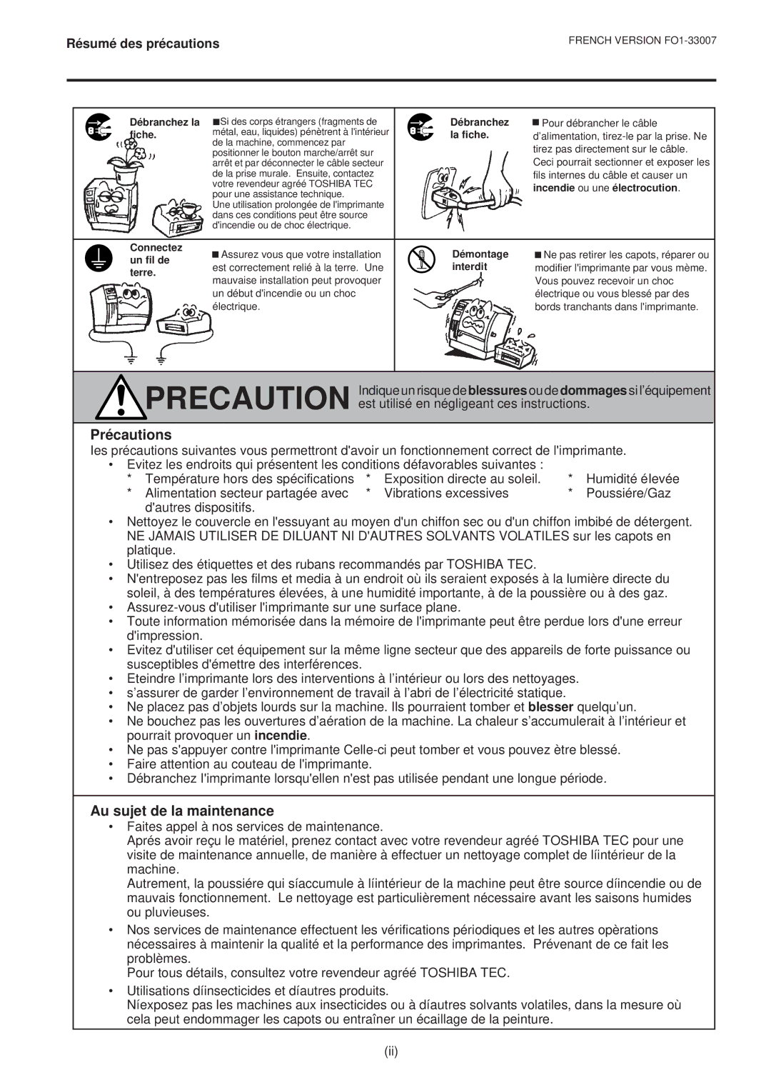 Toshiba B-480-QP owner manual Précautions, Au sujet de la maintenance 