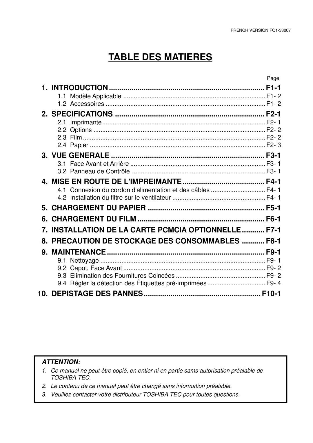 Toshiba B-480-QP owner manual Table DES Matieres 