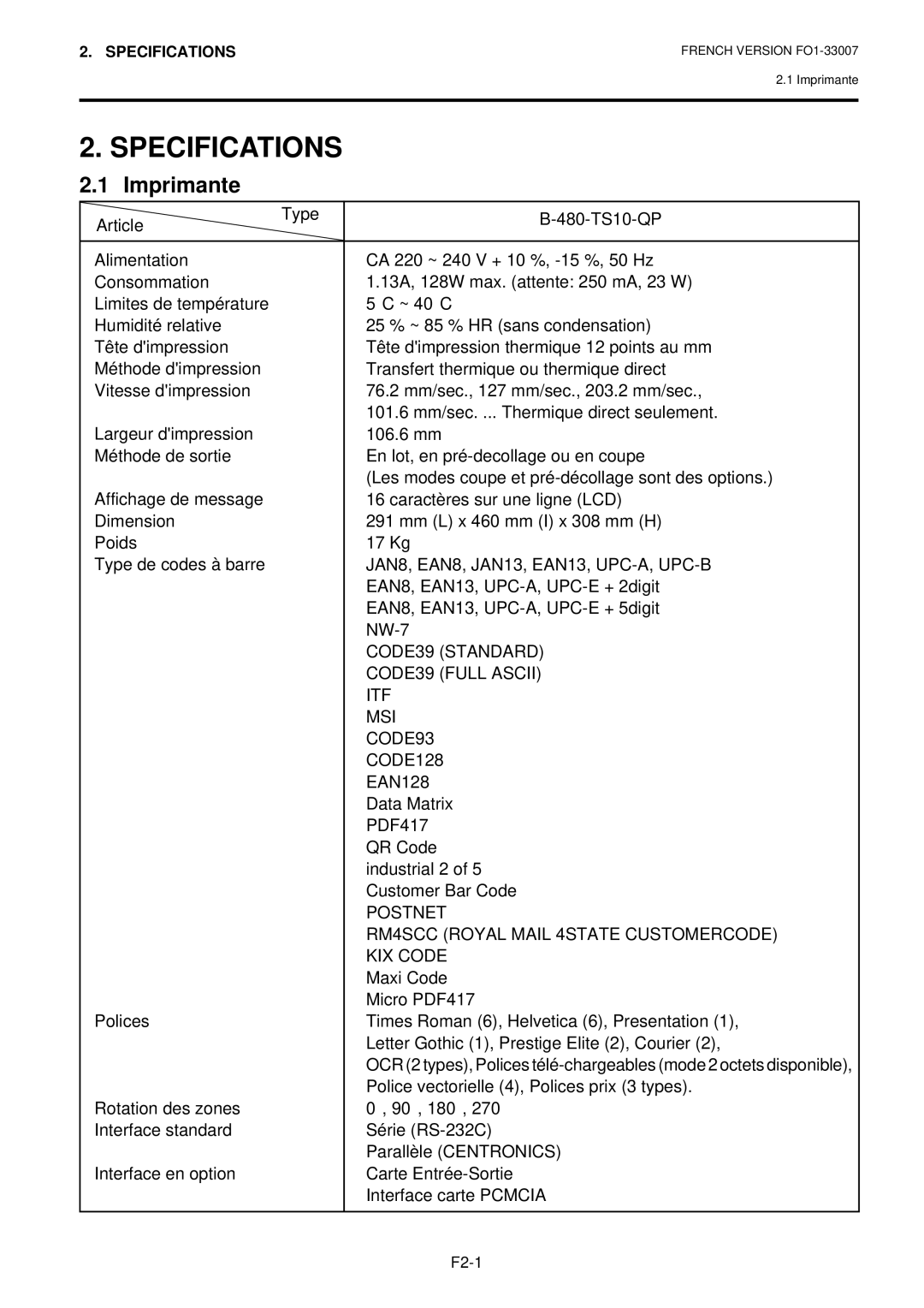 Toshiba B-480-QP owner manual Specifications, Imprimante 