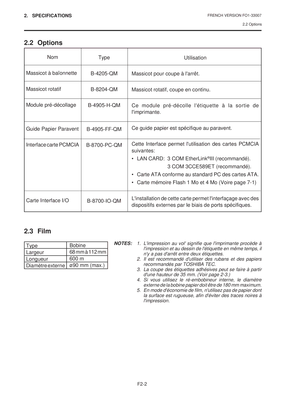 Toshiba B-480-QP owner manual Options, Film 