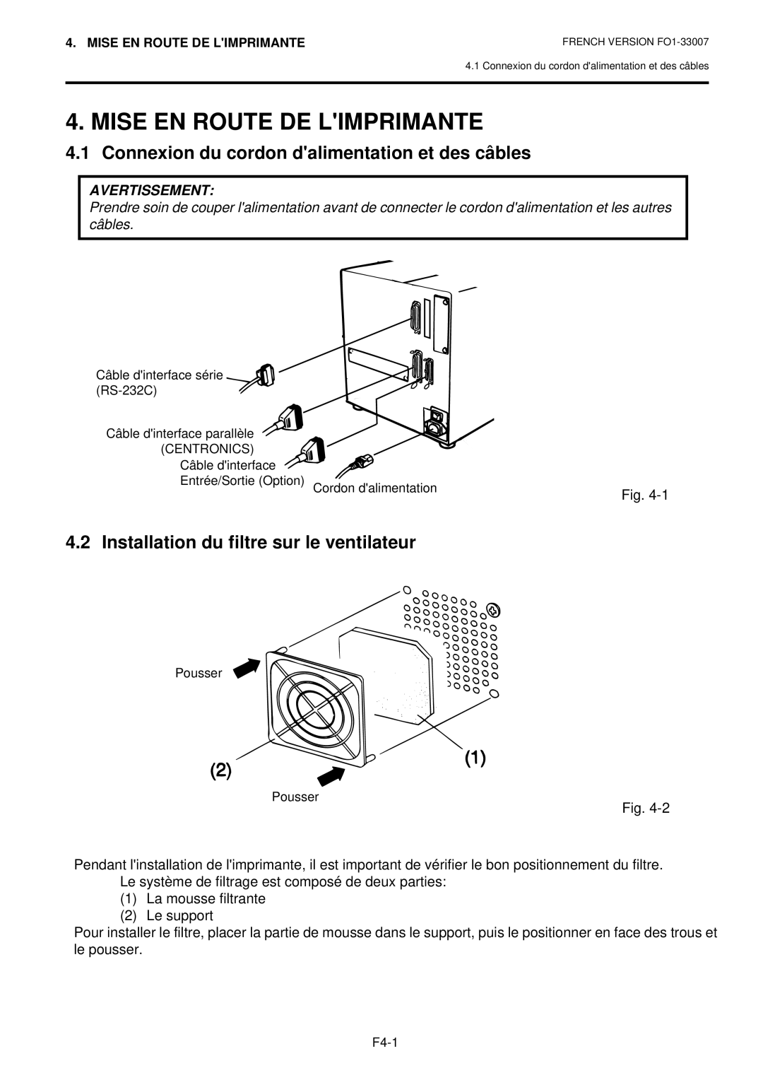 Toshiba B-480-QP owner manual Mise EN Route DE Limprimante, Connexion du cordon dalimentation et des câbles 