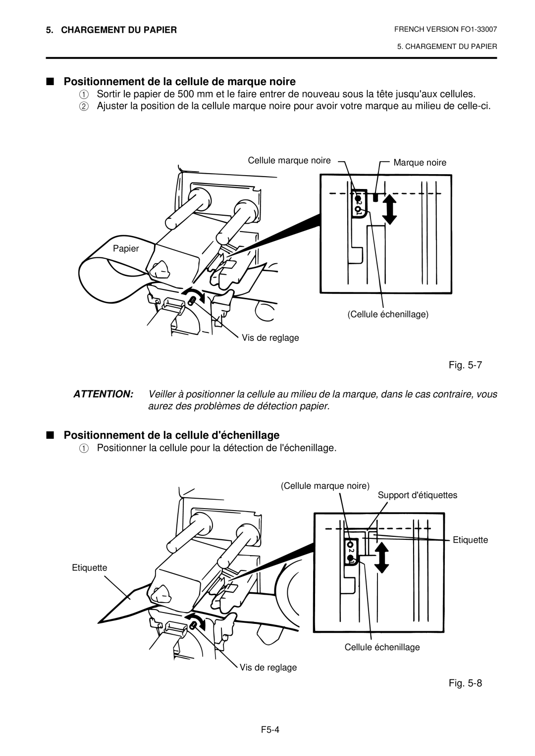 Toshiba B-480-QP owner manual Positionnement de la cellule de marque noire, Positionnement de la cellule déchenillage 