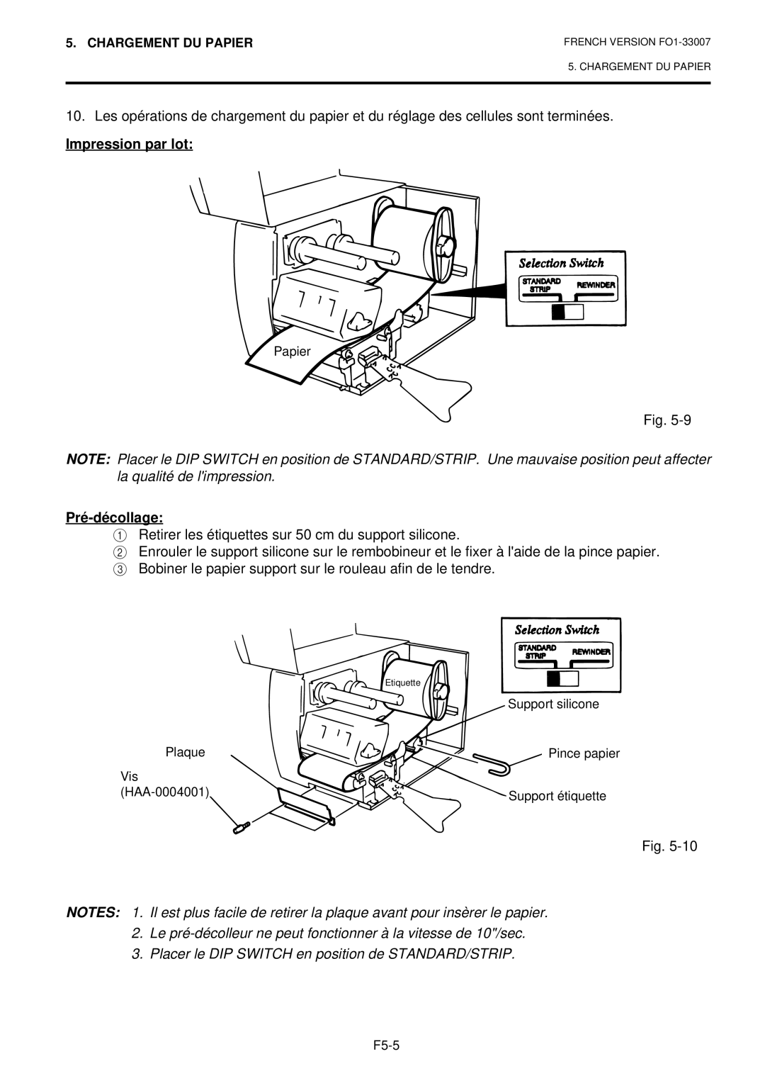 Toshiba B-480-QP owner manual Impression par lot, Pré-décollage 