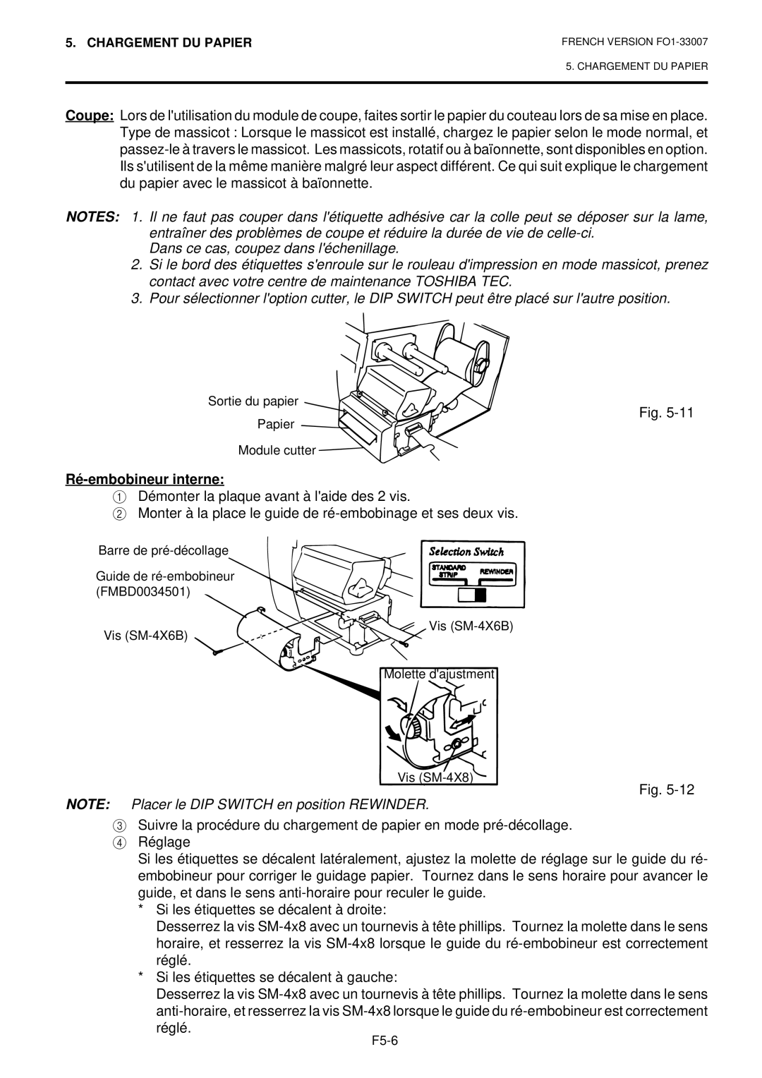 Toshiba B-480-QP owner manual Ré-embobineur interne 