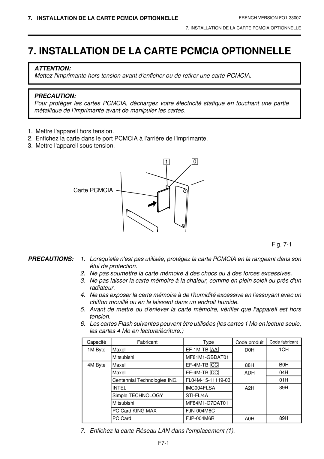 Toshiba B-480-QP owner manual Installation DE LA Carte Pcmcia Optionnelle, Precaution 