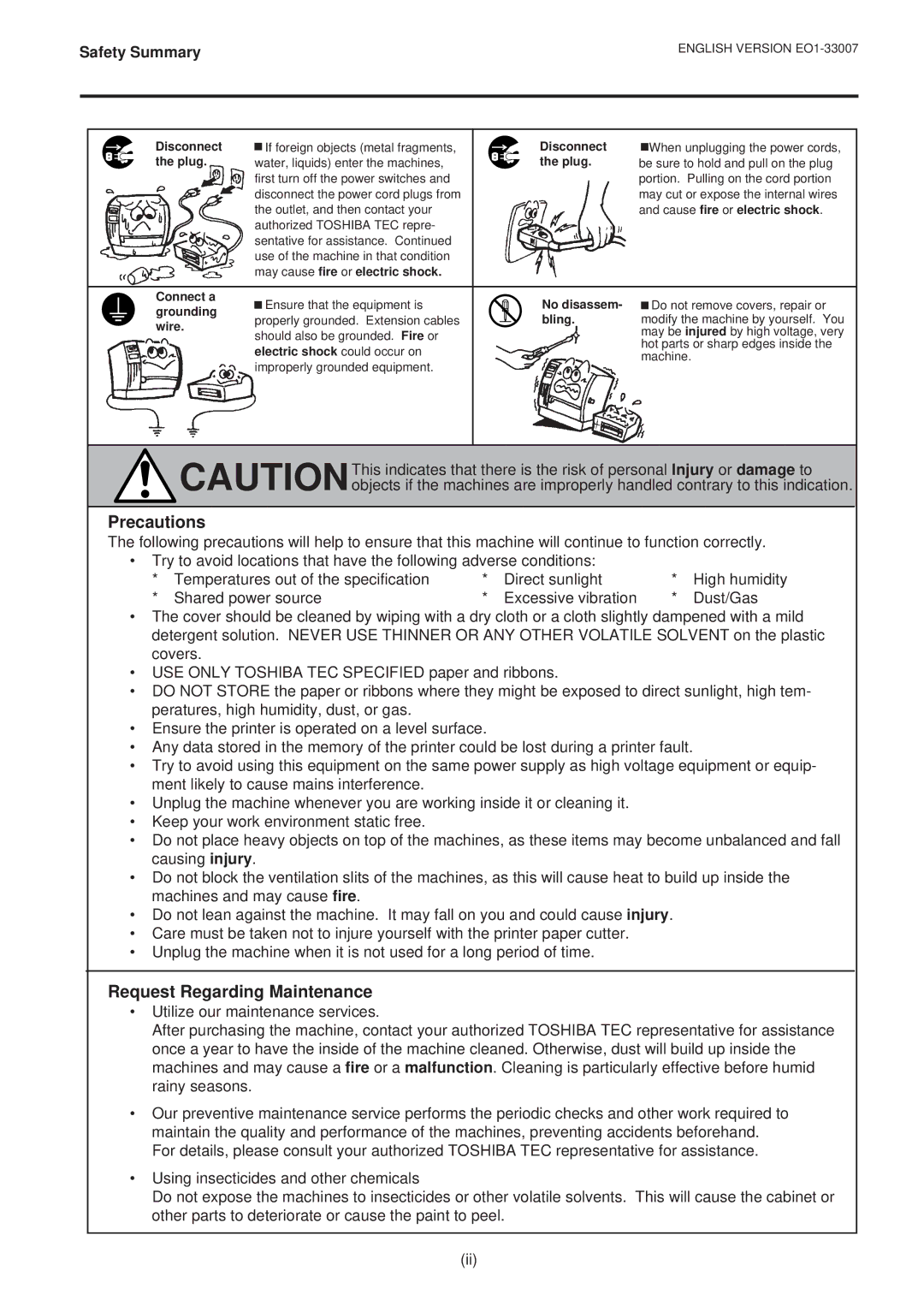 Toshiba B-480-QP owner manual Precautions, Request Regarding Maintenance 