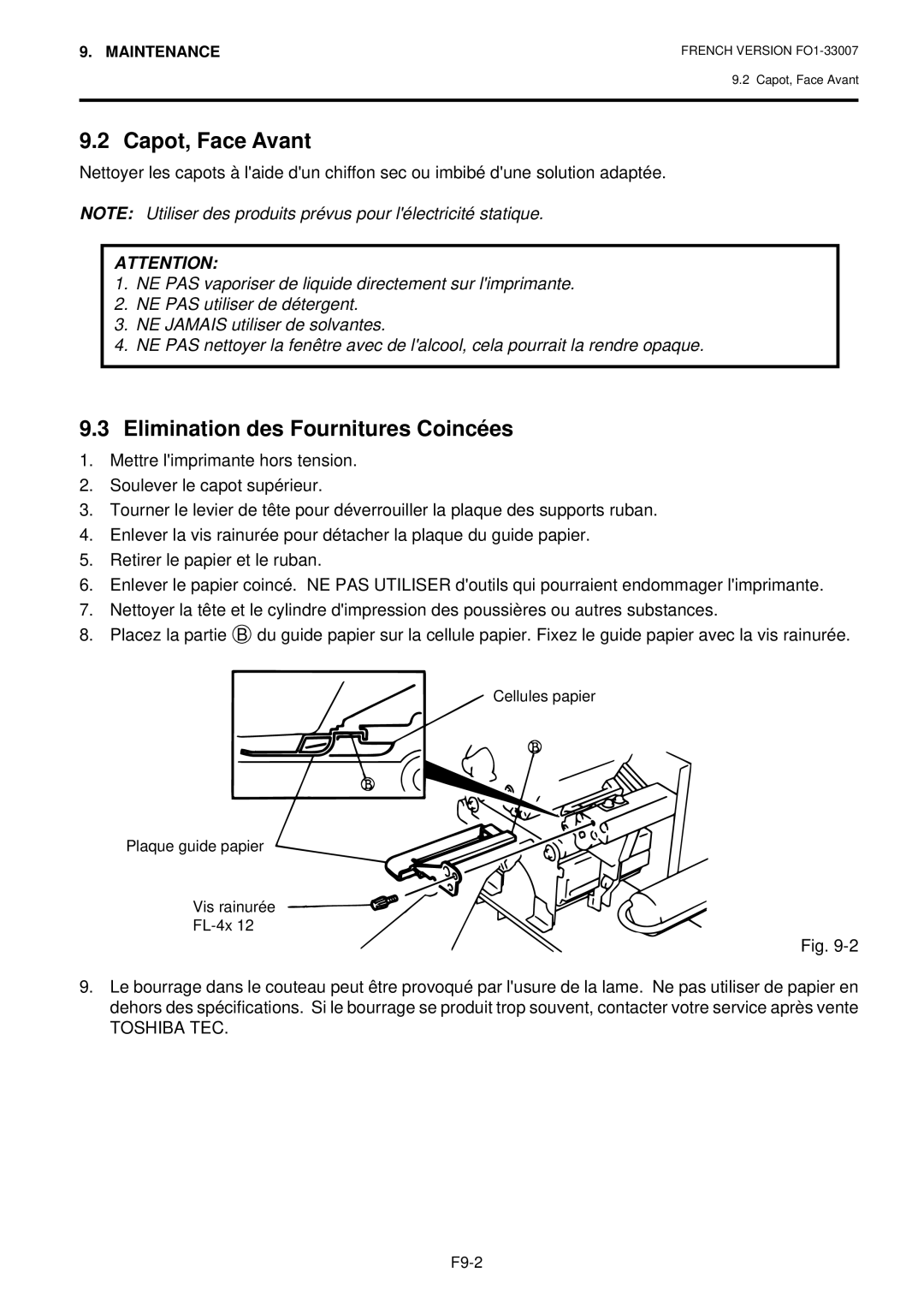 Toshiba B-480-QP owner manual Capot, Face Avant, Elimination des Fournitures Coincées, Toshiba TEC 