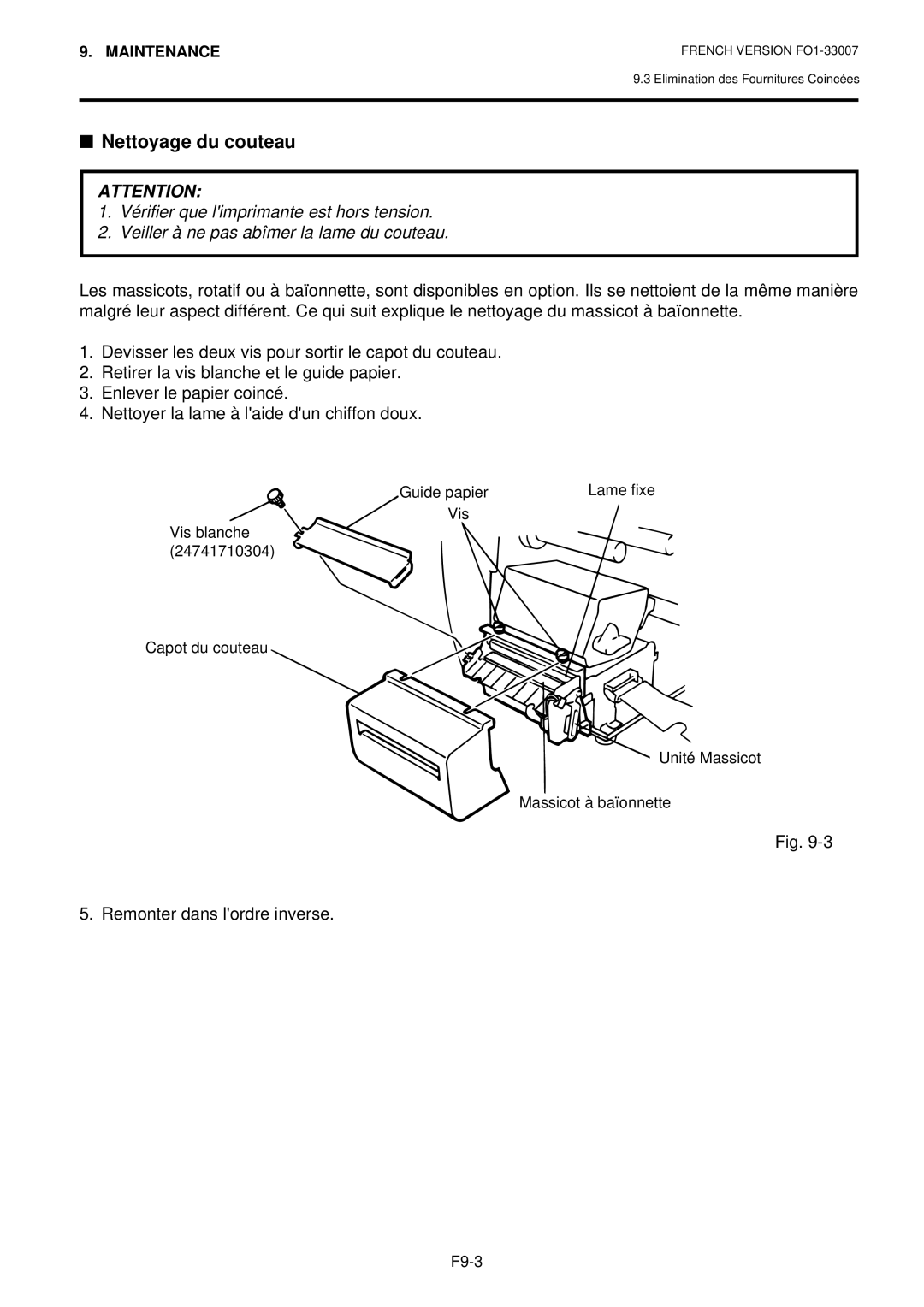 Toshiba B-480-QP owner manual Nettoyage du couteau 