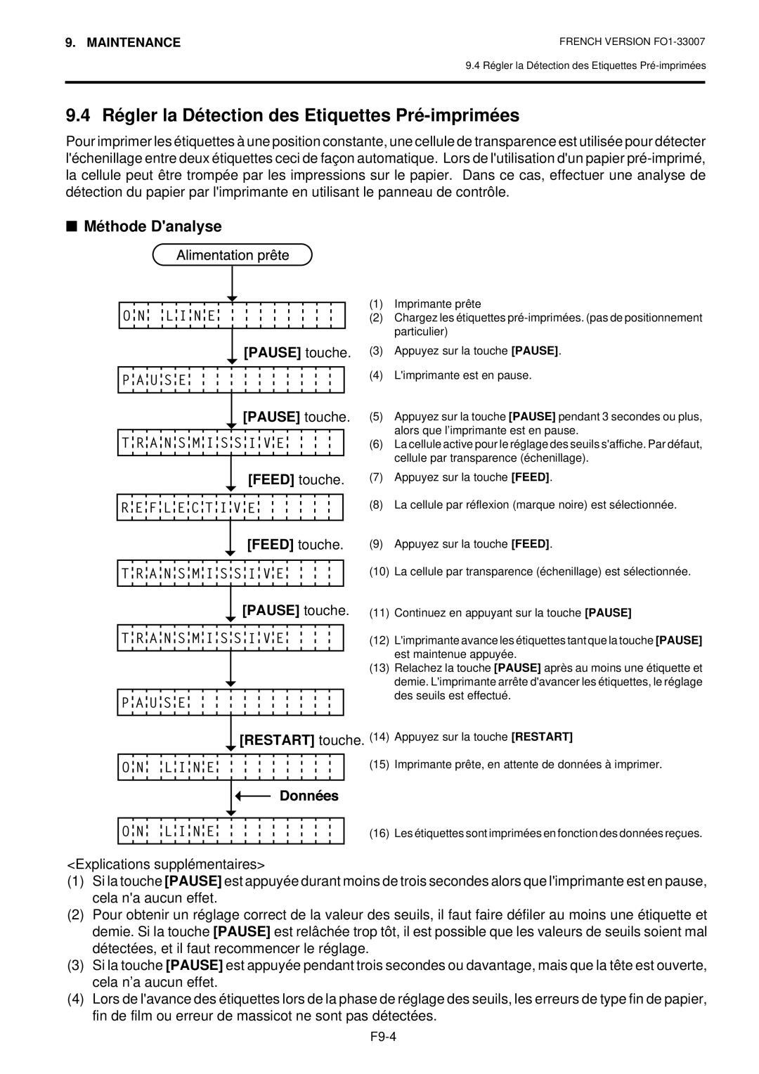 Toshiba B-480-QP owner manual Régler la Détection des Etiquettes Pré-imprimées, Méthode Danalyse, Pause touche, Feed touche 