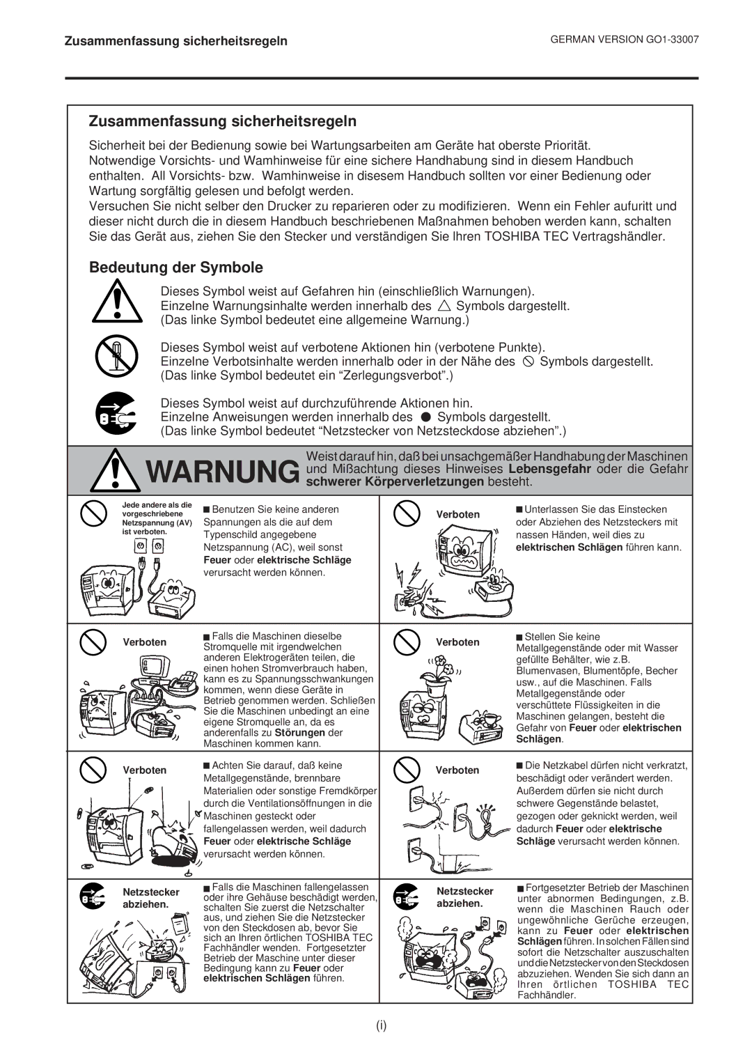 Toshiba B-480-QP owner manual Zusammenfassung sicherheitsregeln, Bedeutung der Symbole 