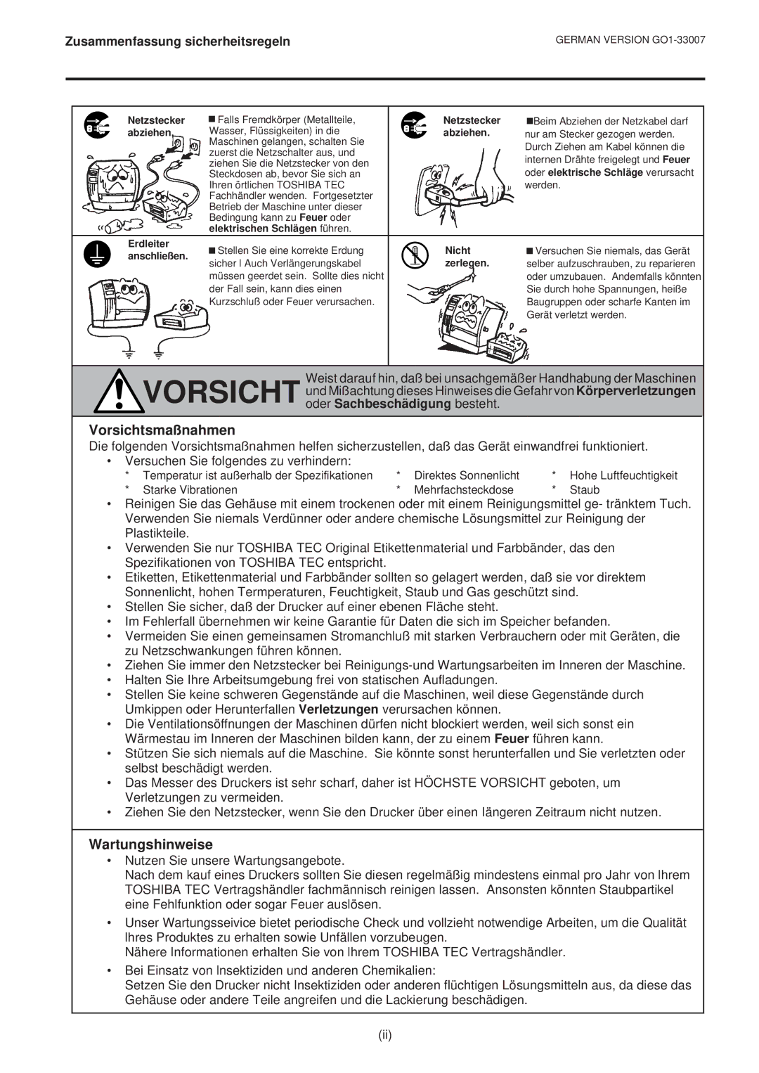 Toshiba B-480-QP owner manual Vorsichtsmaßnahmen, Wartungshinweise 