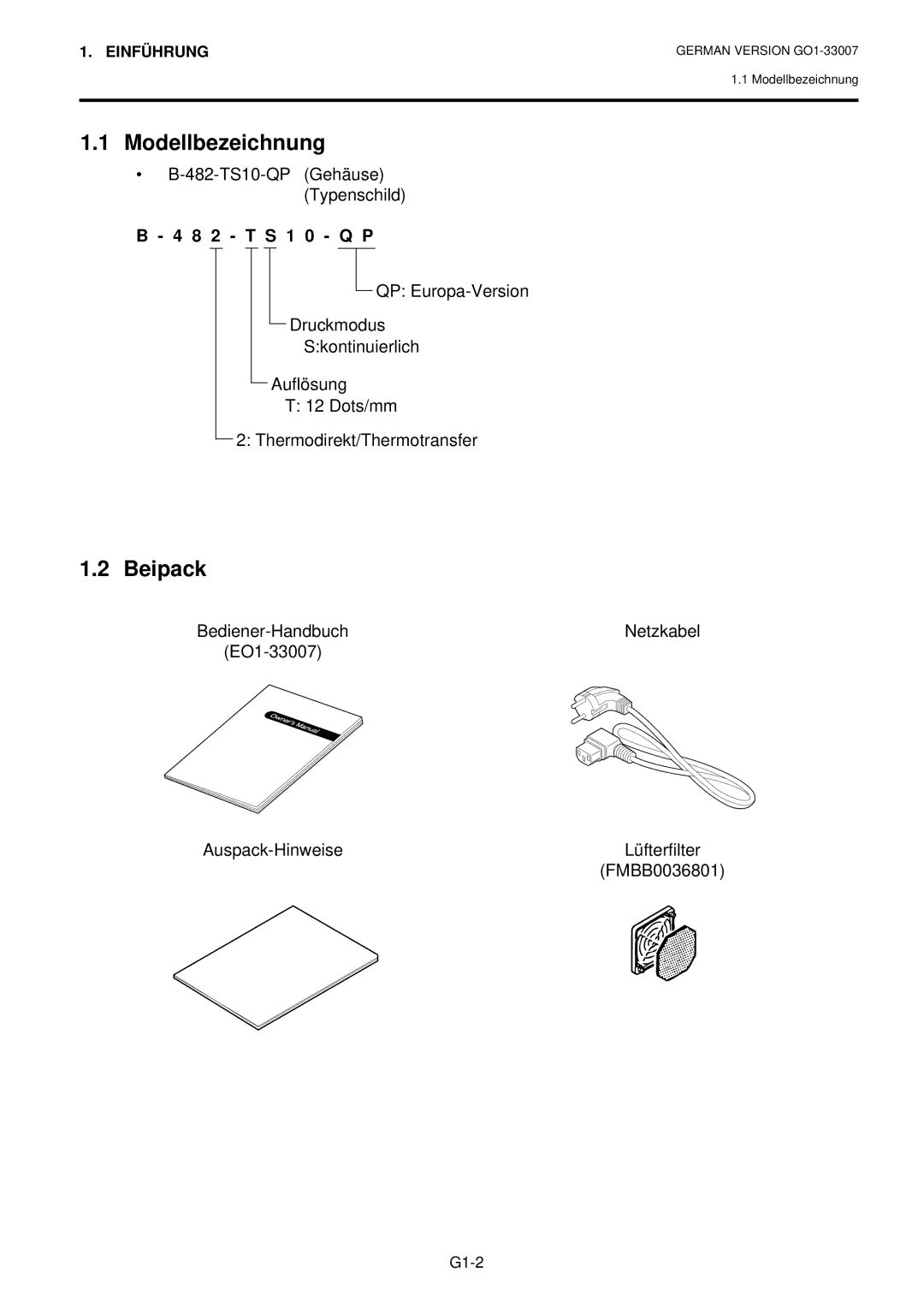 Toshiba B-480-QP owner manual Modellbezeichnung, Beipack 