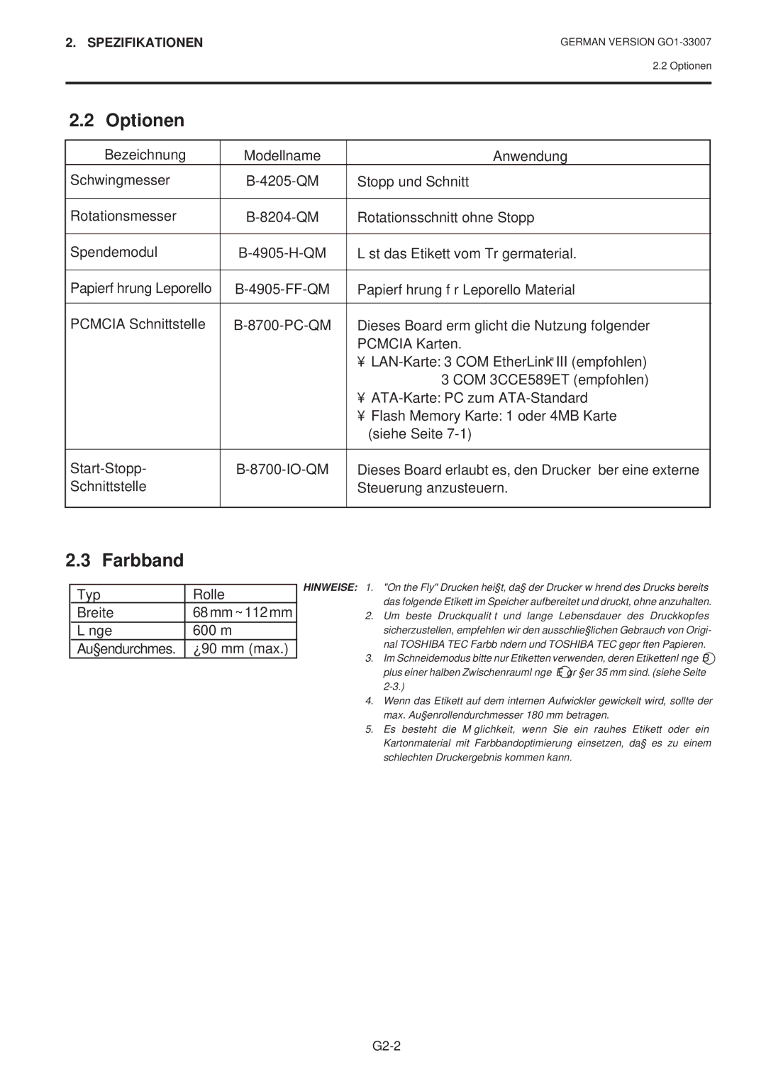 Toshiba B-480-QP owner manual Optionen, Farbband 