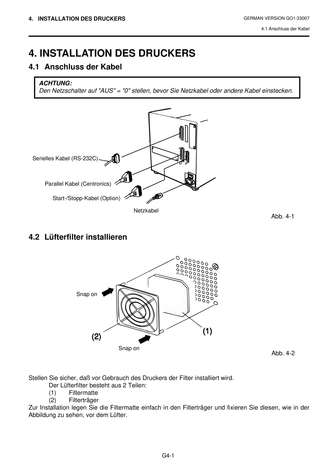 Toshiba B-480-QP owner manual Installation DES Druckers, Anschluss der Kabel, Lüfterfilter installieren 