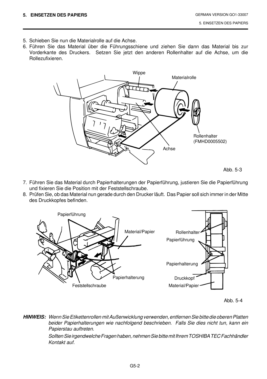 Toshiba B-480-QP owner manual Wippe Materialrolle Rollenhalter FMHD0005502 Achse 