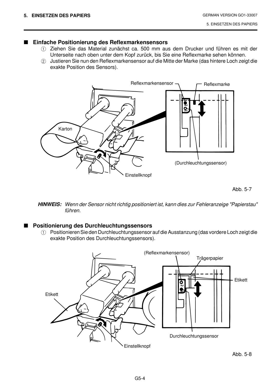 Toshiba B-480-QP owner manual Einfache Positionierung des Reflexmarkensensors, Positionierung des Durchleuchtungssensors 