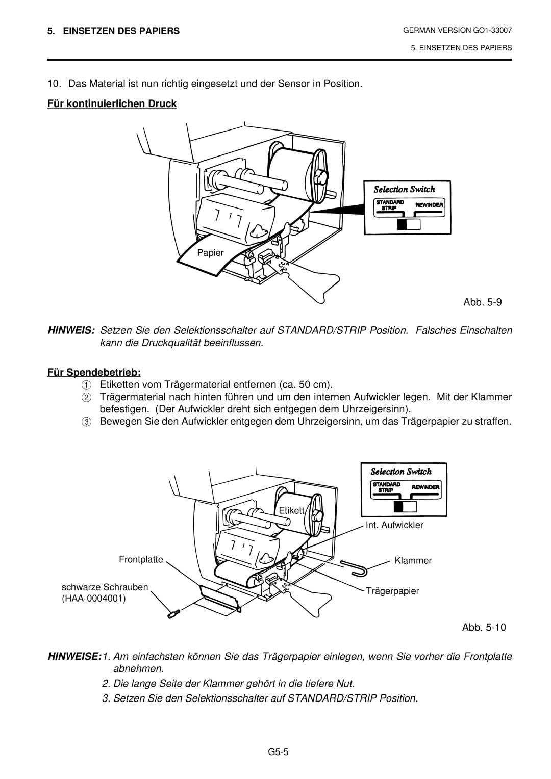 Toshiba B-480-QP owner manual Für kontinuierlichen Druck, Für Spendebetrieb 