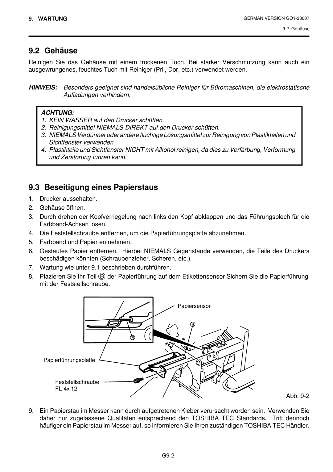 Toshiba B-480-QP owner manual Gehäuse, Beseitigung eines Papierstaus 