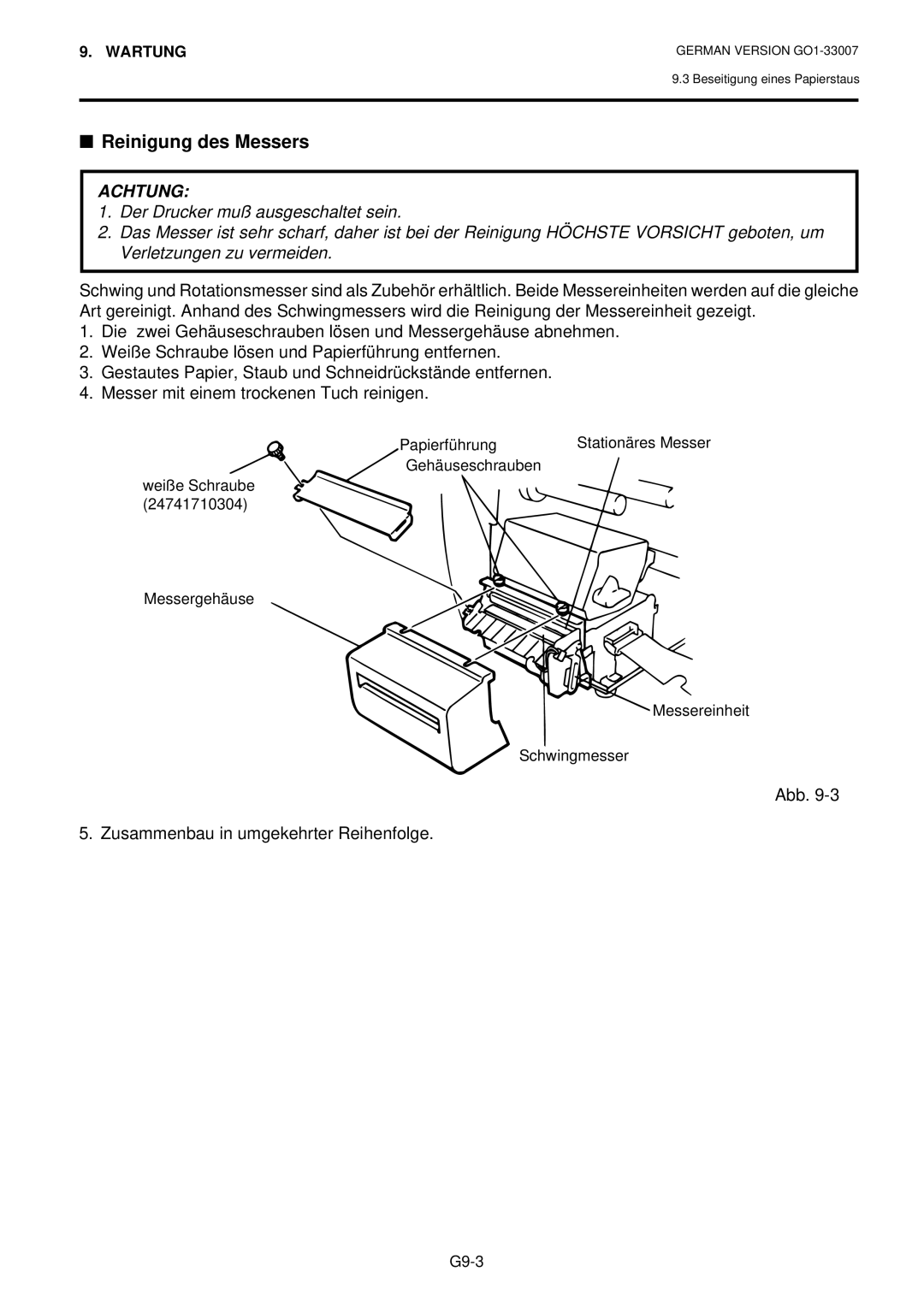 Toshiba B-480-QP owner manual Reinigung des Messers 