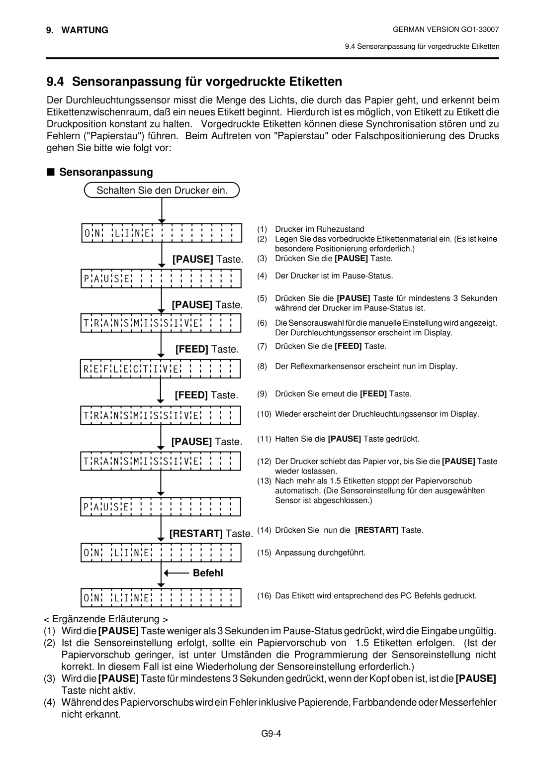 Toshiba B-480-QP owner manual Sensoranpassung für vorgedruckte Etiketten, Feed Taste, Befehl 