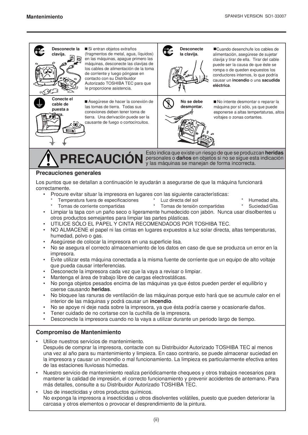 Toshiba B-480-QP owner manual Precauciones generales, Compromiso de Mantenimiento 