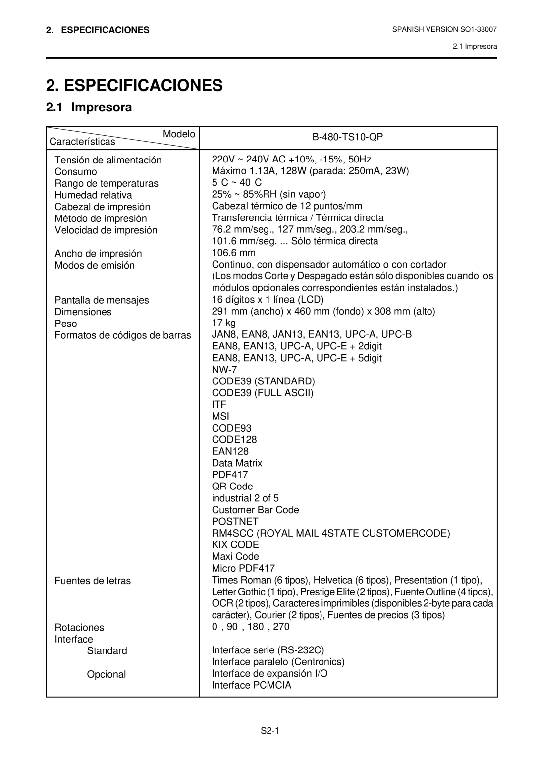 Toshiba B-480-QP owner manual Especificaciones, Impresora 