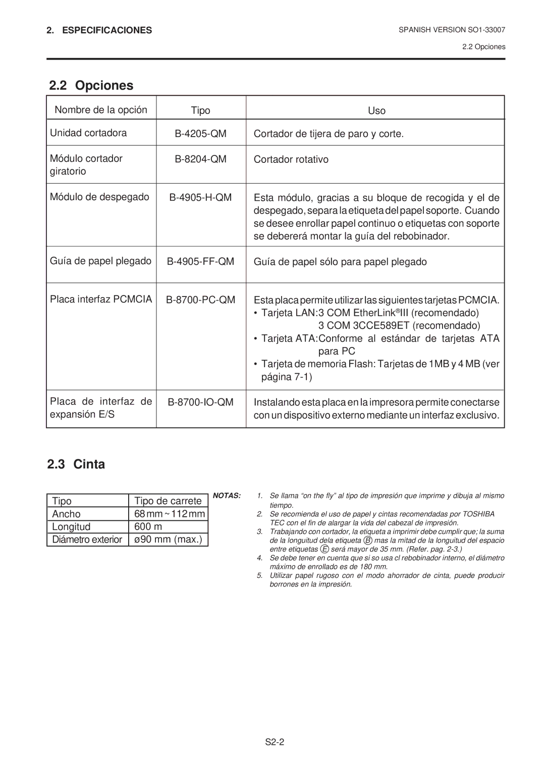 Toshiba B-480-QP owner manual Opciones, Cinta 