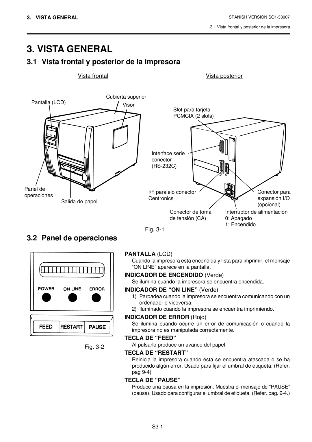 Toshiba B-480-QP owner manual Vista General, Vista frontal y posterior de la impresora, Panel de operaciones 