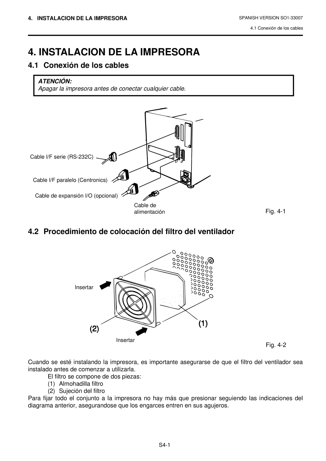 Toshiba B-480-QP owner manual Instalacion DE LA Impresora, Conexión de los cables 