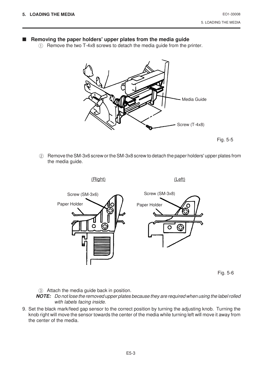 Toshiba B-480-QQ owner manual Removing the paper holders upper plates from the media guide 