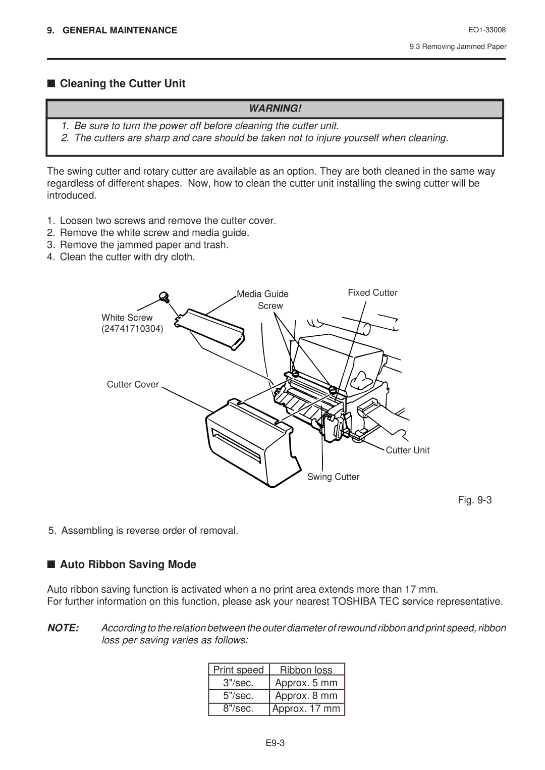 Toshiba B-480-QQ owner manual Cleaning the Cutter Unit 