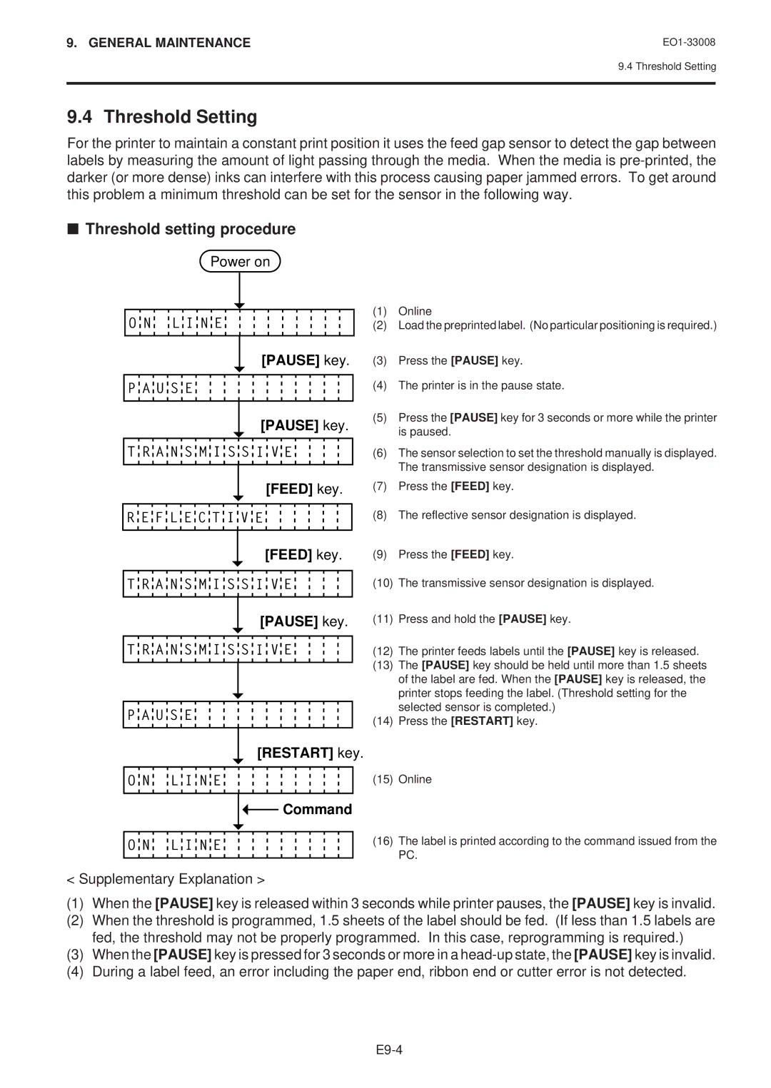 Toshiba B-480-QQ owner manual Threshold Setting, Pause key, Command 