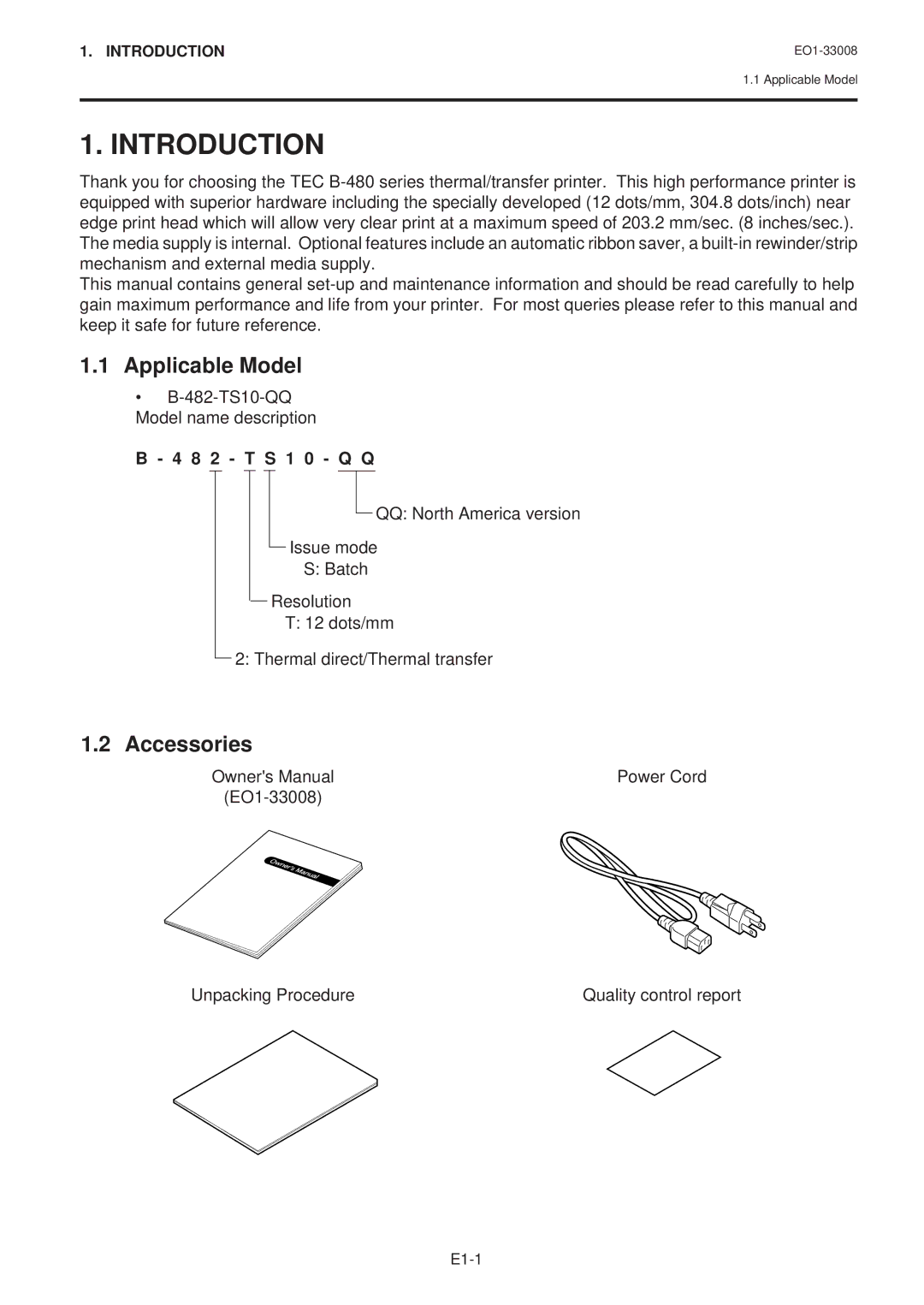 Toshiba B-480-QQ owner manual Introduction, Applicable Model, Accessories, 8 2 T S 1 0 Q Q 