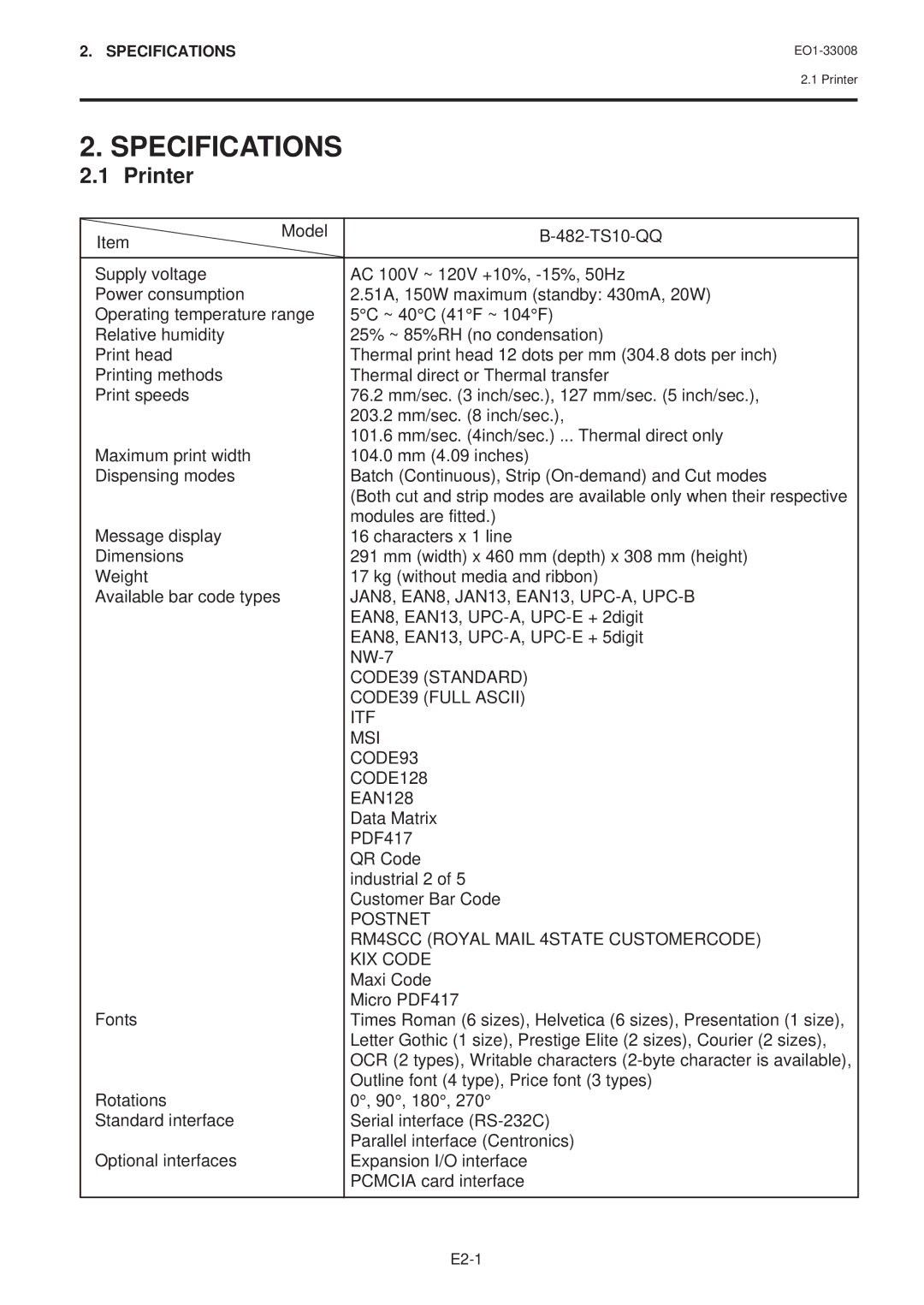 Toshiba B-480-QQ owner manual Specifications, Printer 