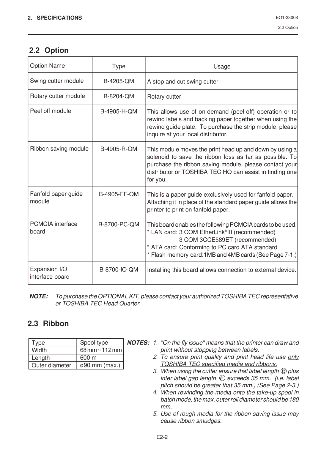 Toshiba B-480-QQ owner manual Option, Ribbon 