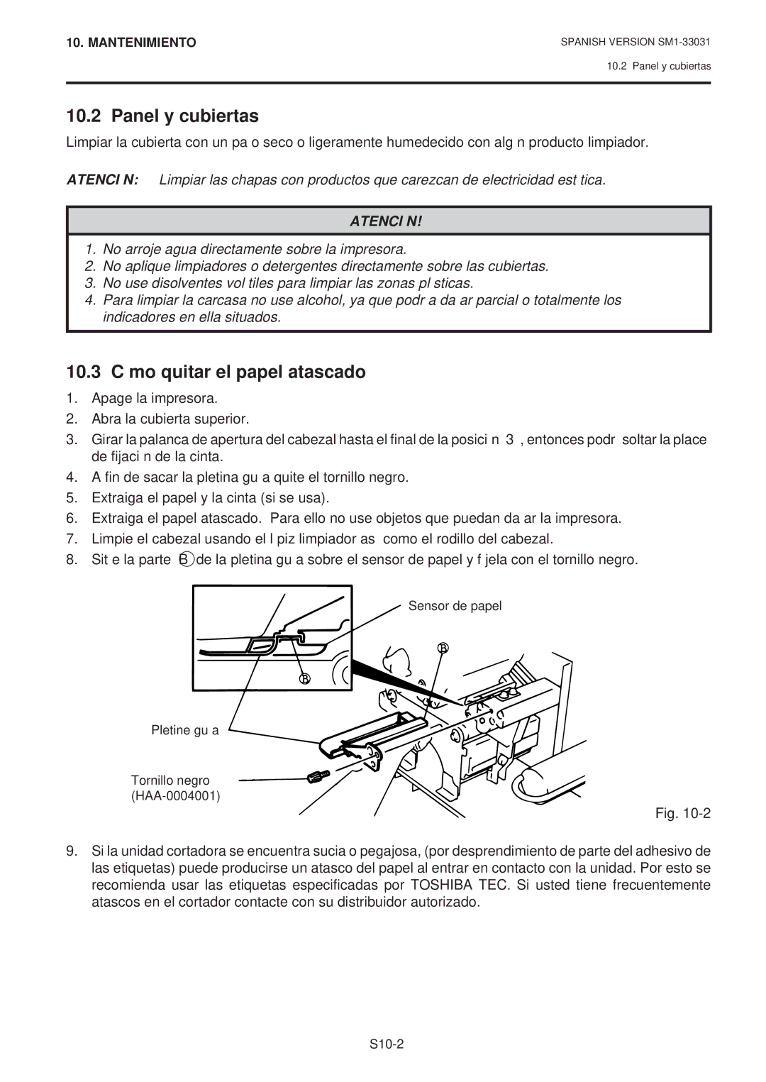 Toshiba B-570-QP Series owner manual Panel y cubiertas, 10.3 Cómo quitar el papel atascado 