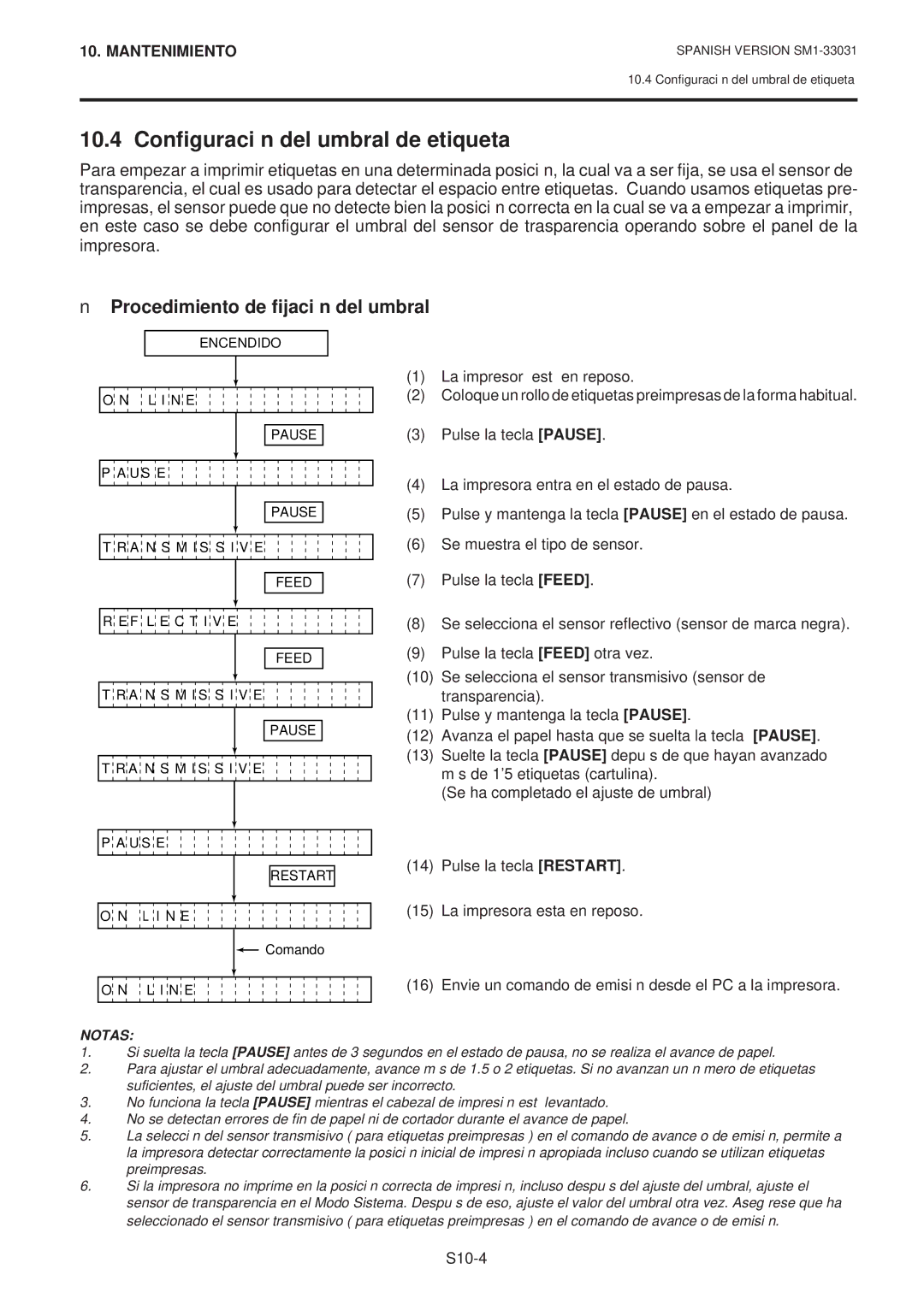 Toshiba B-570-QP Series owner manual Configuración del umbral de etiqueta, Procedimiento de fijación del umbral 