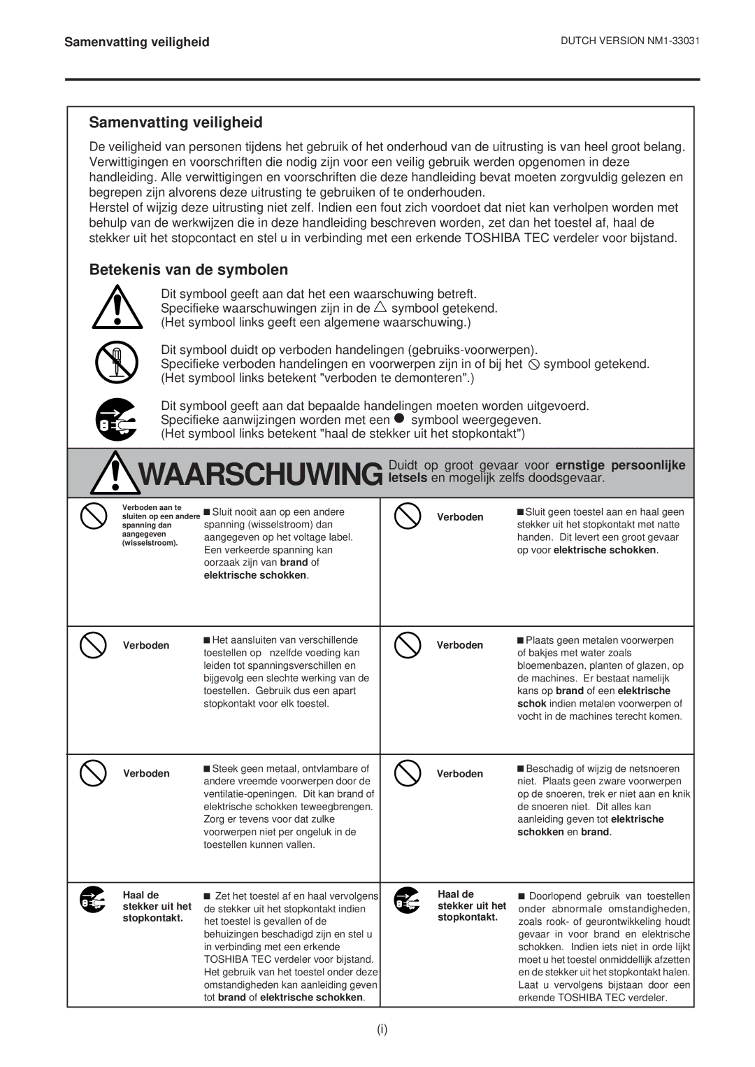 Toshiba B-570-QP Series owner manual Samenvatting veiligheid, Betekenis van de symbolen 