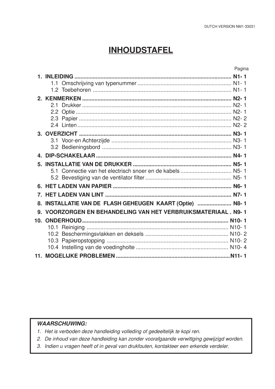 Toshiba B-570-QP Series owner manual Inhoudstafel, N10, N11 