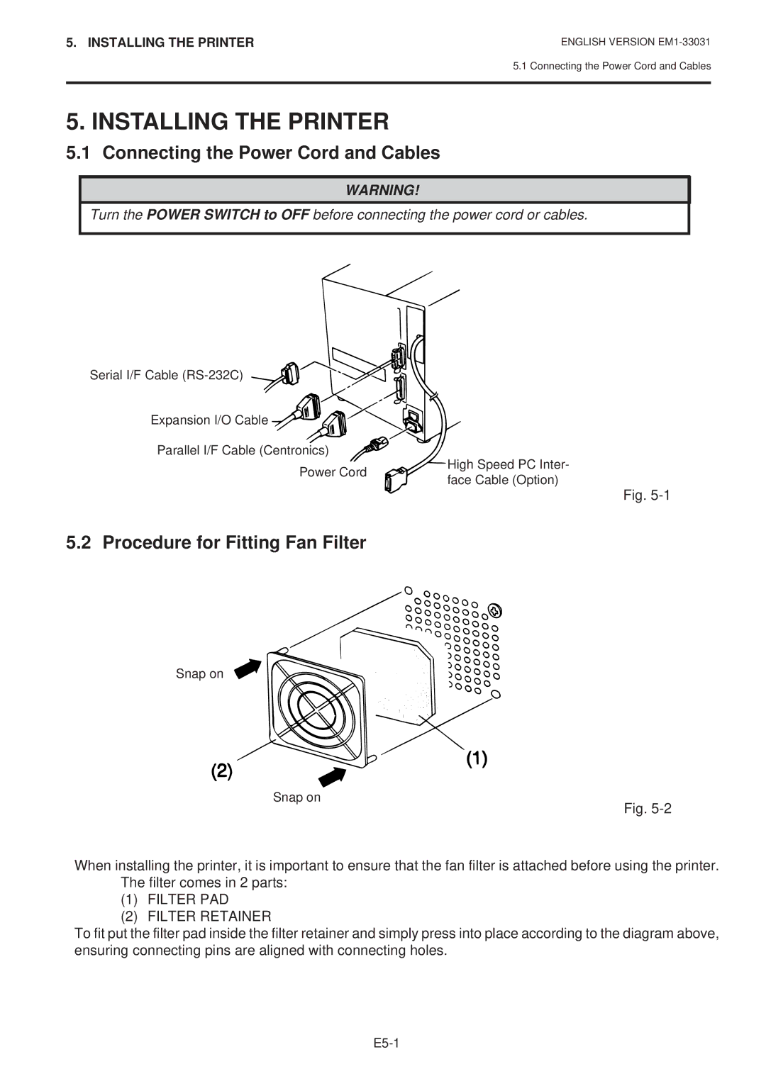 Toshiba B-570-QP Series Installing the Printer, Connecting the Power Cord and Cables, Procedure for Fitting Fan Filter 